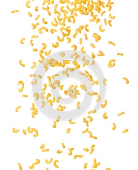 Macaroni fall down in group, yellow macaronis pasta float explode, abstract cloud fly. Curved macaroni pasta splash throwing in