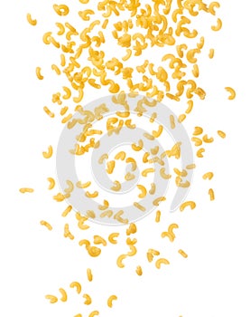 Macaroni fall down in group, yellow macaronis pasta float explode, abstract cloud fly. Curved macaroni pasta splash throwing in