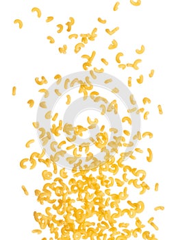 Macaroni fall down in group, yellow macaronis pasta float explode, abstract cloud fly. Curved macaroni pasta splash throwing in