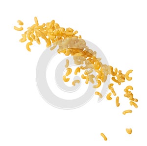Macaroni flying explosion, yellow macaronis pasta float explode, abstract cloud fly. Curved macaroni pasta splash throwing in Air