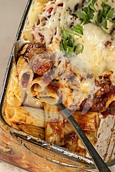 Macaroni gratin with sausage