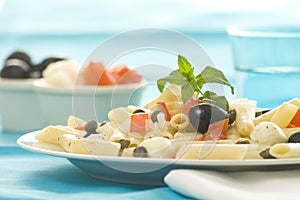 Macaroni mozzarella olives capers tomatoes salad