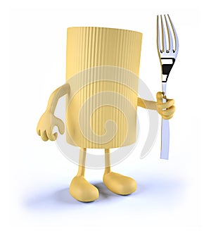 Macaroni pasta with arms, legs and fork on hand