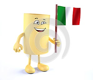 Macaroni pasta with arms, legs and Italian flag on hand