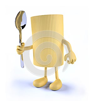 Macaroni pasta with arms, legs and spoon on hand