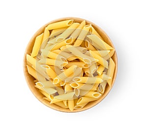 Macaroni pasta close up in wood bowl isolated on white background