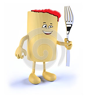 Macaroni pasta with face, arms, legs and fork on hand