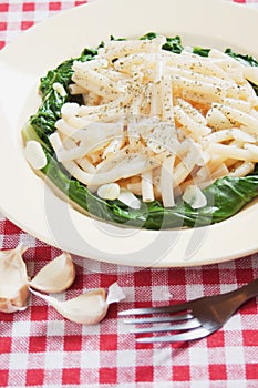 Macaroni pasta with galic and silverbeet