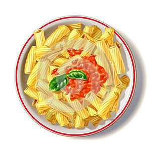 Macaroni plate with tomato sauce and basil, viewed from top.