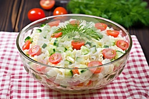 macaroni salad in a circular transparent glass dish