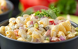 Macaroni Salad with red bell pepper, onion, celery, gherkins and mayonnaise dressing