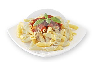 Macaroni with tomato sauce and basil