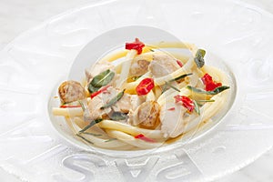 macaroni with turkey meat on sage with rosemary and chilli