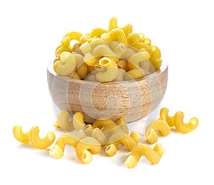 Macaroni in wooden bowl on white background