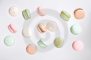 Macarons cake, top view flat lay, fly falling macaroon background