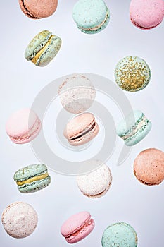 Macarons cake, top view flat lay, fly falling macaroon background