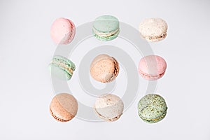 Macarons cake, top view flat lay, fly falling macaroon background