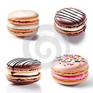 Macarons cookies, different colors, white background, macaroons bisquits close-up.