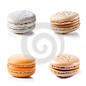 Macarons cookies, different colors, white background, macaroons bisquits close-up. photo