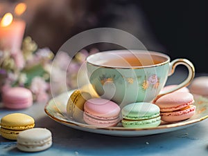 Macarons with Cup of tea. Ai generated