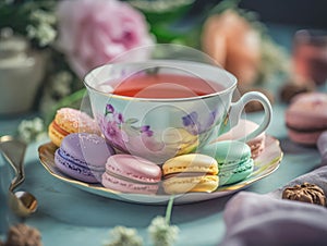 Macarons with Cup of tea. Ai generated