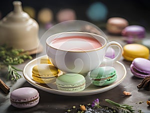 Macarons with Cup of tea. Ai generated