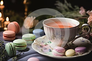 Macarons with Cup of tea. Ai generated