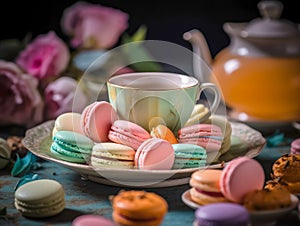 Macarons with Cup of tea. Ai generated