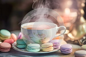 Macarons with Cup of tea. Ai generated