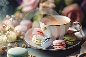 Macarons with Cup of tea. Ai generated