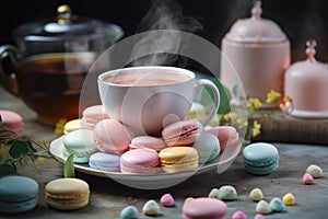 Macarons with Cup of tea. Ai generated