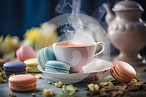 Macarons with Cup of tea. Ai generated