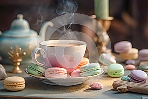 Macarons with Cup of tea. Ai generated