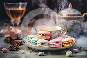 Macarons with Cup of tea. Ai generated