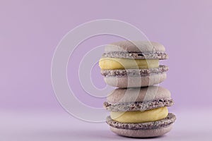 Macarons, Purple on purple background, Pastel colors. Copy space