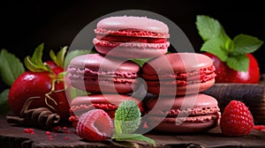Macarons with red berries in a rustic setting