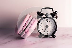 Macaroons and a black alarm clock. selective focus.