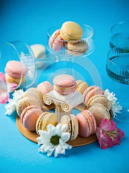 Macaroons over a blue background