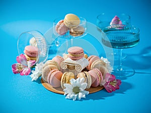 Macaroons over a blue background