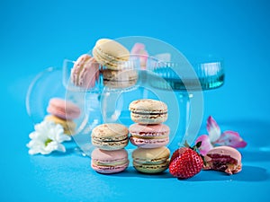 Macaroons over a blue background