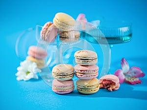 Macaroons over a blue background