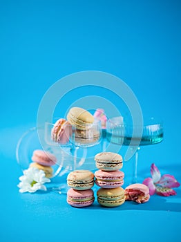 Macaroons over a blue background