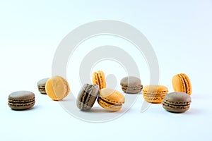 Macaroons on white background top, colorful macaroons, selective focus