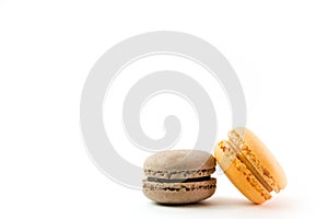 Macaroons on white background top, colorful macaroons, selective focus