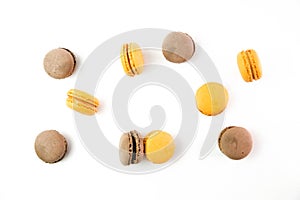 Macaroons on white background top, colorful macaroons, selective focus