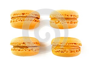 Macaroons on white background top, colorful yellow macaroons, selective focus