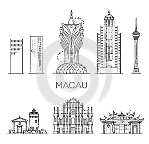 Macau architecture line flat skyline illustration. China