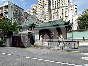 Macau Bodhi Tong Buddha China Macao Chinese Temple Religious Architecture Exterior Facade Stone Lion Sculpture Ritual Heritage