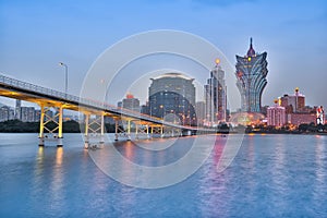 Macau cityscape skyline at night in Macau, China