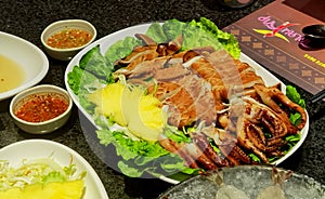 Macau Fisherman`s Wharf Thai Food Thailand Cuisine Restaurant BBQ Squid Octopus Seafood Dish Hot Spicy Chilly Sauce